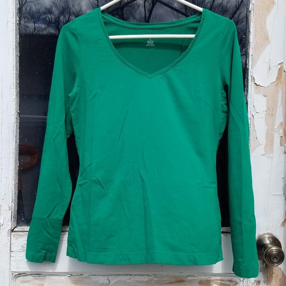 Lands' End Green Long Sleeve V Neck T-Shirt - Picture 1 of 5